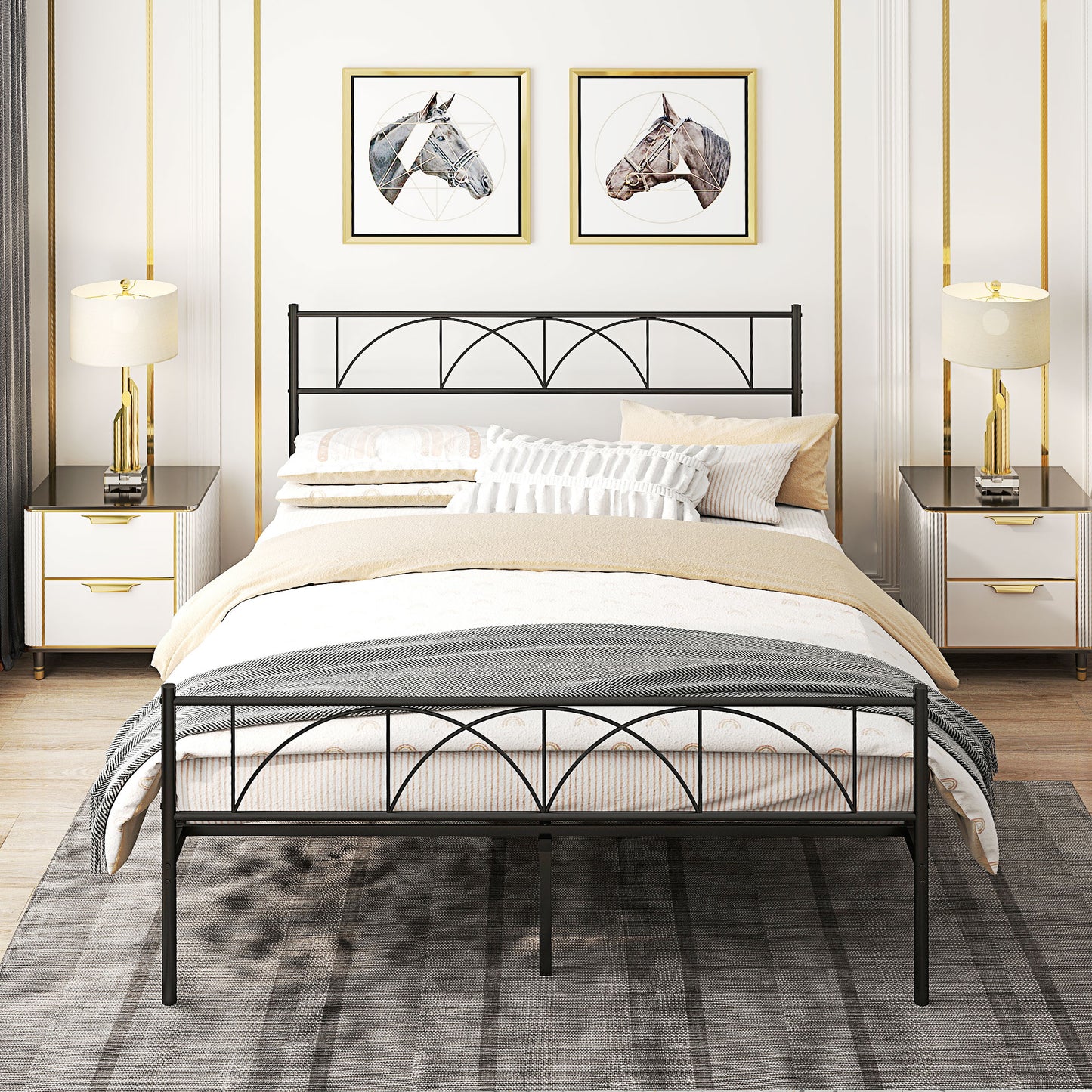 Metal Queen Platform Bed Frame with Headboard, Steel Slat Support, Underbed Storage, No Box Spring Needed, Easy Assembly
