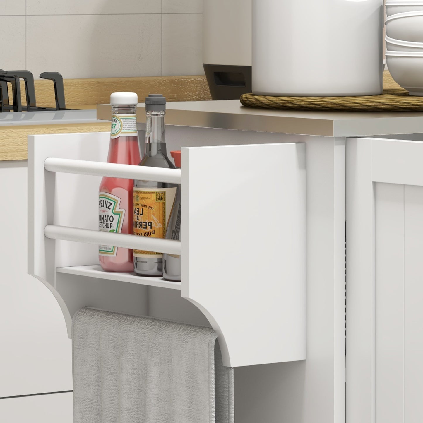 Kitchen Island with Storage, Rolling Kitchen Cart on Wheels, Kitchen Island with Storage, Drawer, 3 Cabinets, Stainless Steel Countertop, Spice Rack and Towel Rack, White