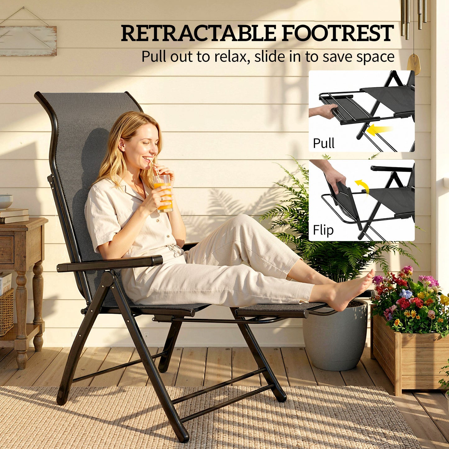 Folding Patio Chairs Set of 2, 5-Position Outdoor Lounge Chairs with High Back, Retractable Footrest, Dark Grey