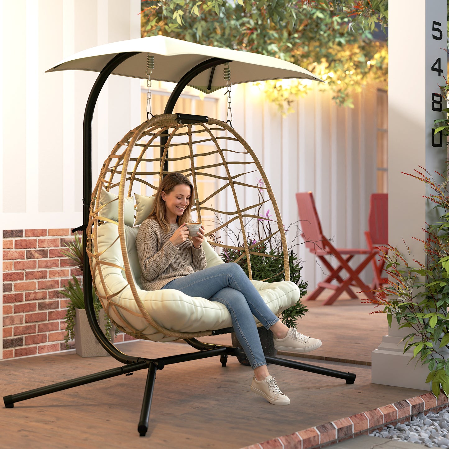 Double Wicker Egg Swing Chair with Canopy, Foldable Hanging Egg Chair with Stand Cushion Headrest, Beige