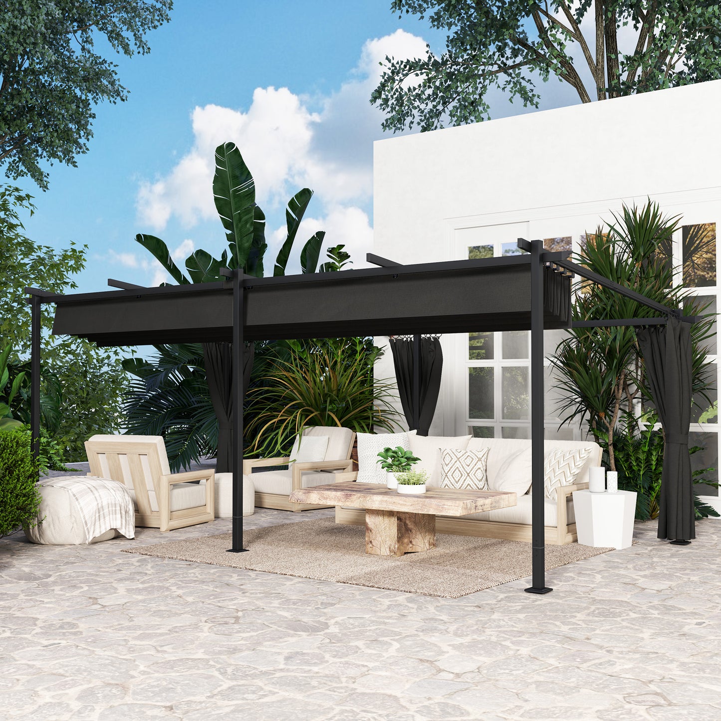 Metal Retractable Pergola Canopy with Sidewalls, Outdoor Gazebo UPF30+ Sun Shade Shelter for Garden, Deck