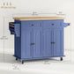 Kitchen Island with Storage, Rolling Trolley Cart with Rubber Wood Top, Spice Rack, Towel Rack, Navy Blue