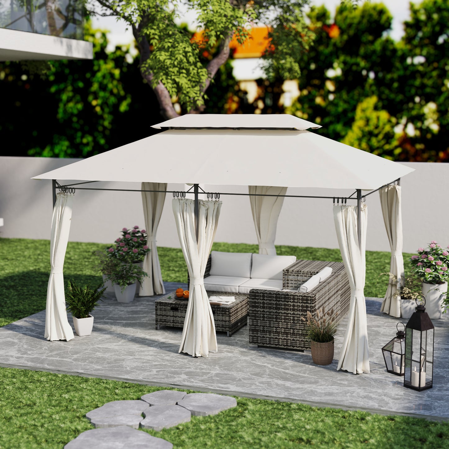 10' x 13' Double Roof Patio Gazebo, Outdoor Gazebo with Curtains, for Garden, Lawn, Backyard and Deck, Cream White