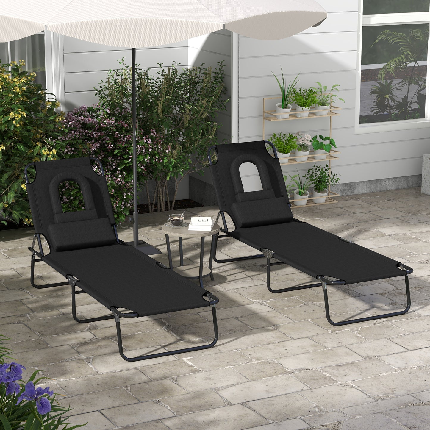Folding Lounge Chair Set of 2, Reclining Beach Tanning Chair with Face Hole, Pillow, 4-Position Adjustable Flat Sun Lounger, Steel Frame for Outdoor Patio Pool, Green - Black