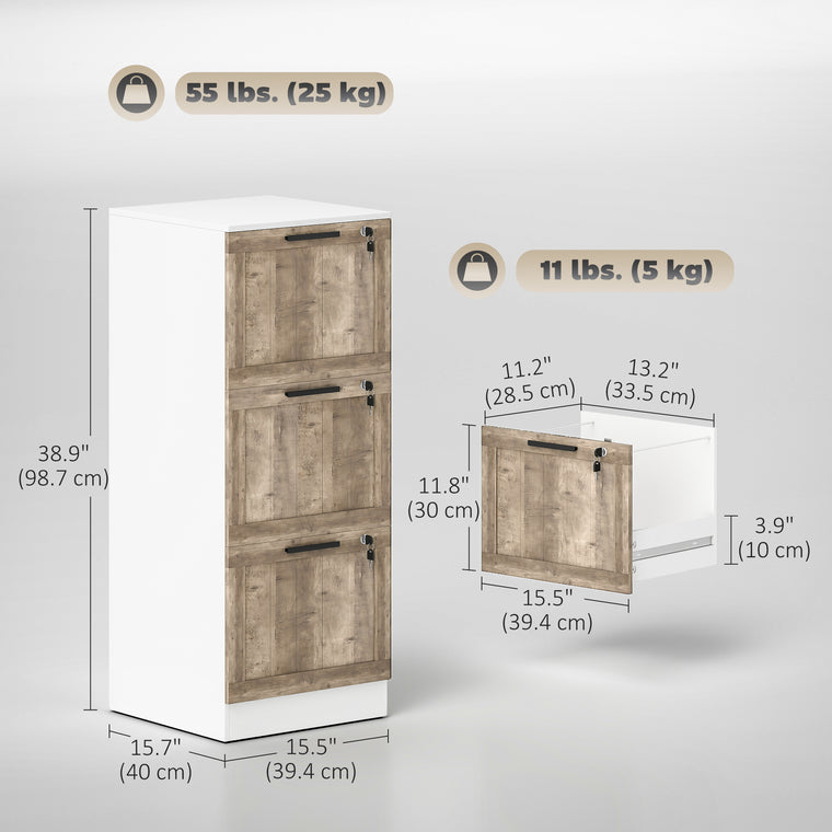 3-Drawer Farmhouse Filing Cabinet with Lock - White