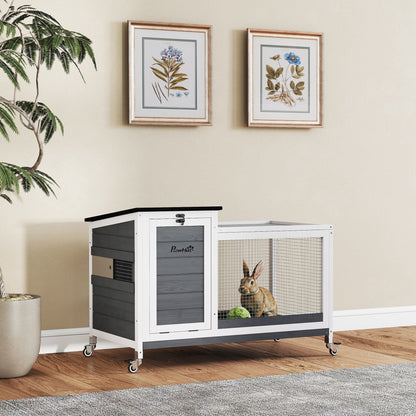Grey Wooden Rabbit Hutch with Pull-Out Tray & Openable Roof
