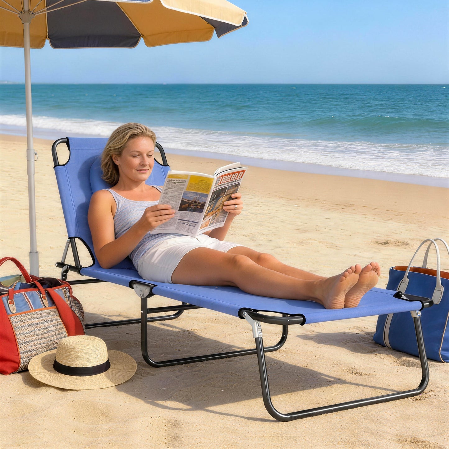 Folding Chaise Lounge Chair, Reclining Beach Tanning Chair with Face Hole, Pillow, 4-Position Adjustable Lay Flat Sun Lounger, Steel Frame for Outdoor Patio Pool, Blue