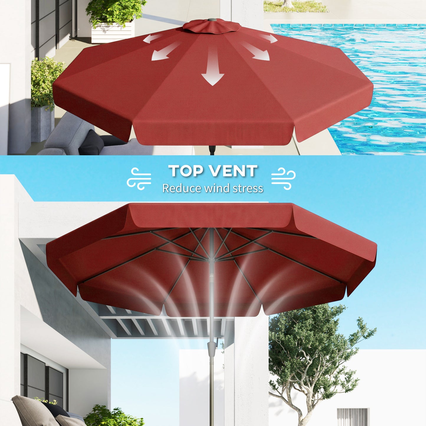 8.5 ft Outdoor Market Table Umbrella, Round Patio Umbrella with Tilt and Crank for Garden, Backyard, Deck, Wine Red