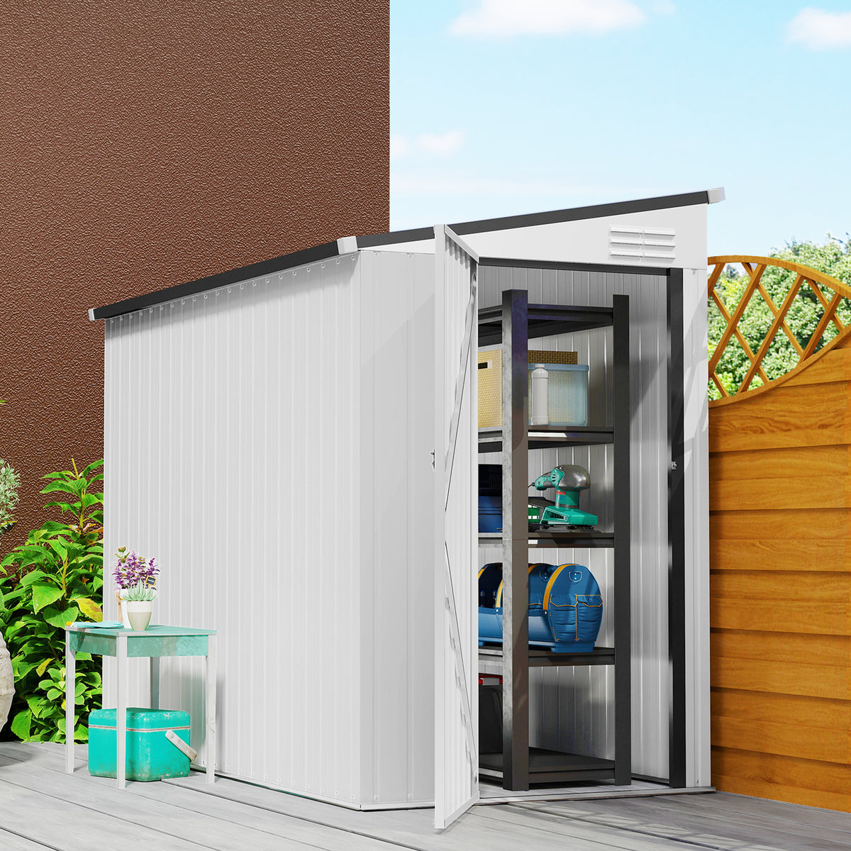 Outdoor Storage Shed Lean to Shed Outdoor Metal Tool Shed with Lockable Door and Air Vents, Dark Grey - 4' x 8'