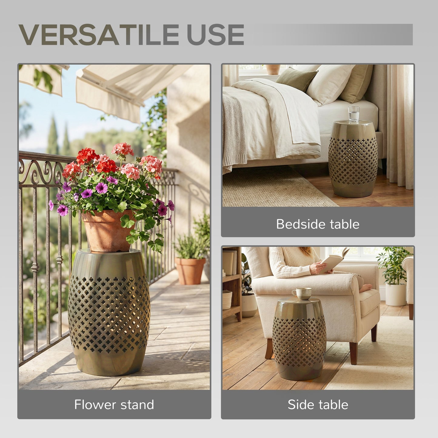 12.4" Steel Patio End Table, Round Hollow Drum Side Table, Accent Table for Indoor and Outdoor, Khaki