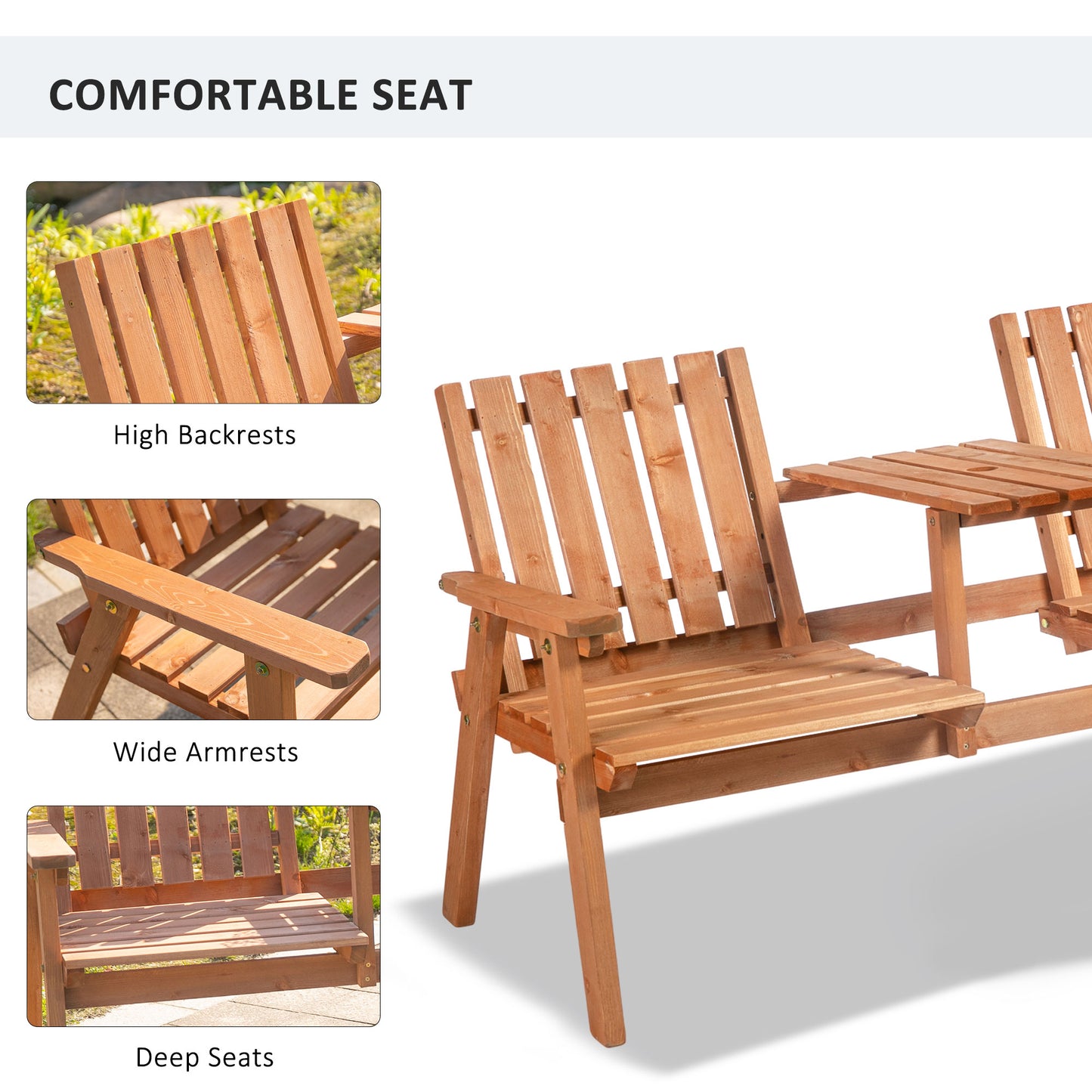 Garden Bench for 2 Persons with Middle Table and Umbrella Hole, 2-Seater Outdoor Wooden Bench with Slat Design, Orange