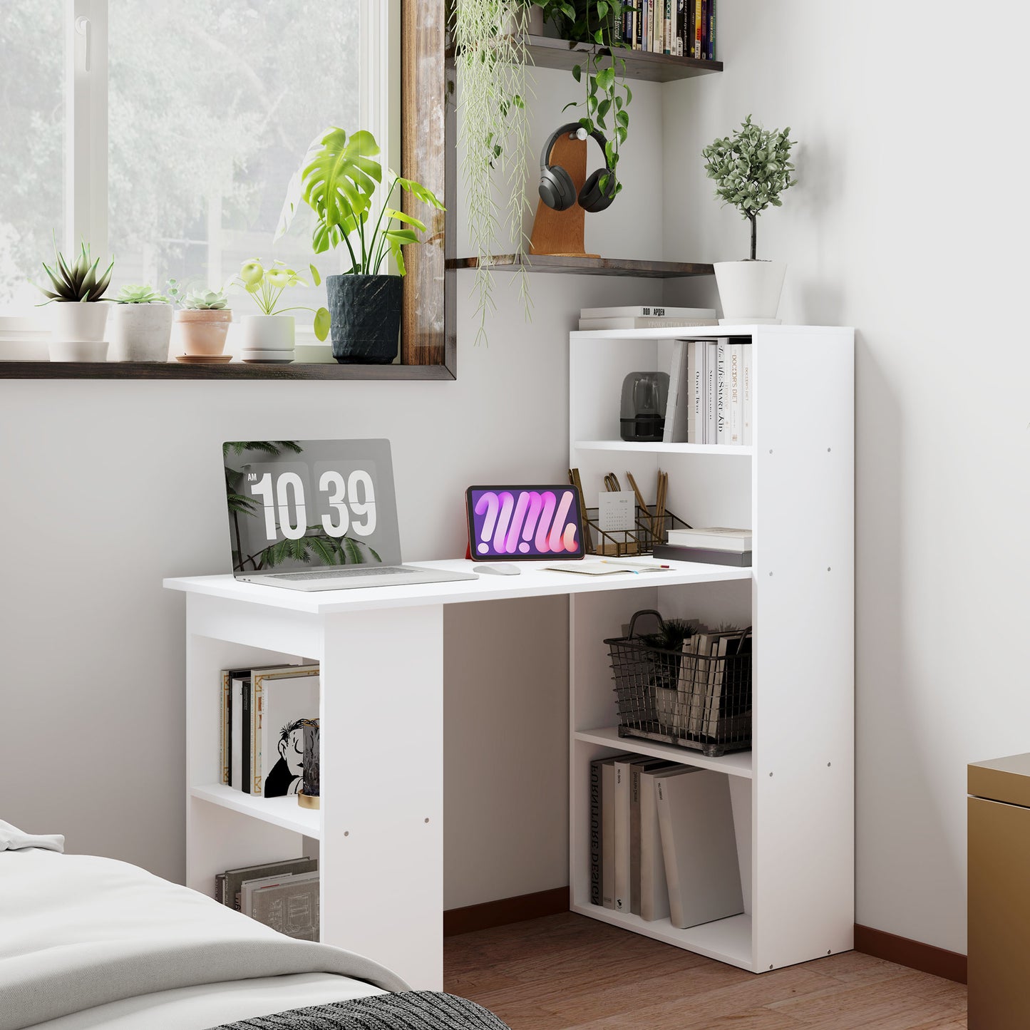 Modern Computer Desk with Storage Shelves, 47" Writing Table Workstation with Bookshelf for Home Office, White