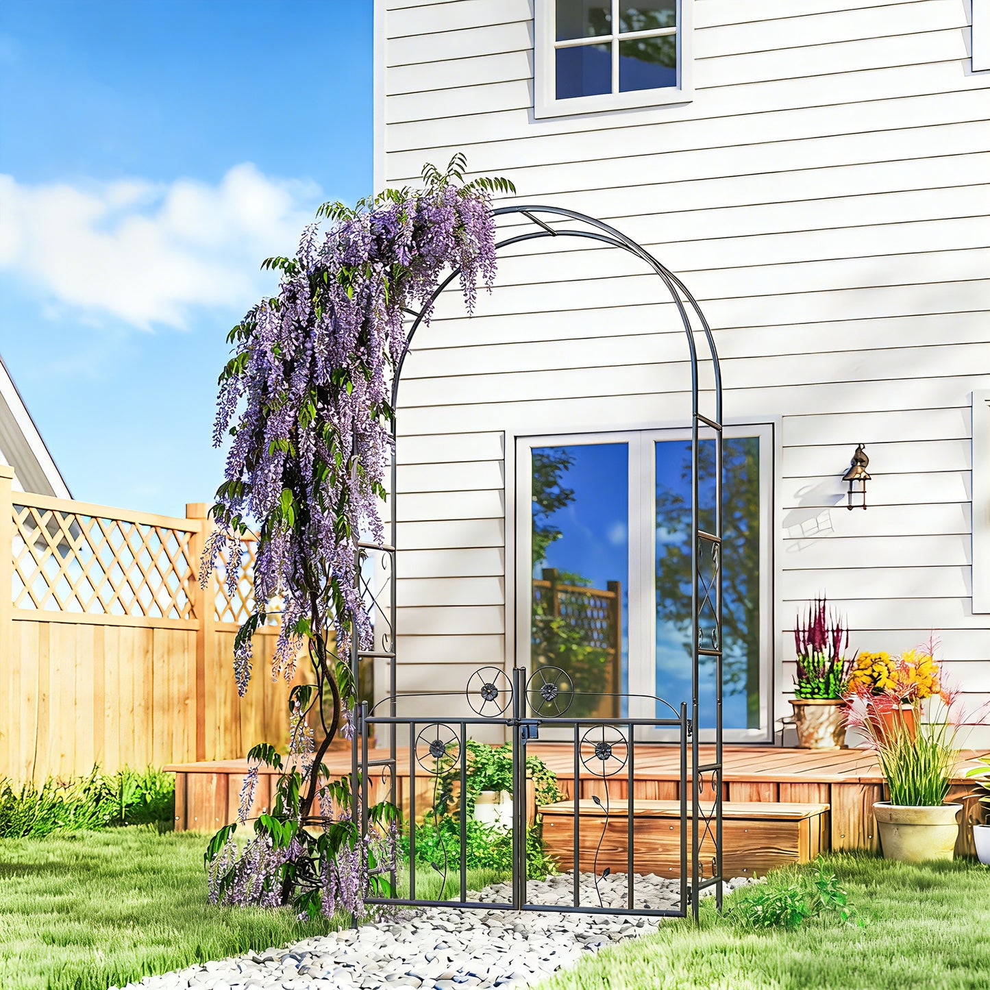 7.4 ft Garden Arch, Outdoor Trellis Arbor with Gate for Climbing Plants, Wedding Arch, Black