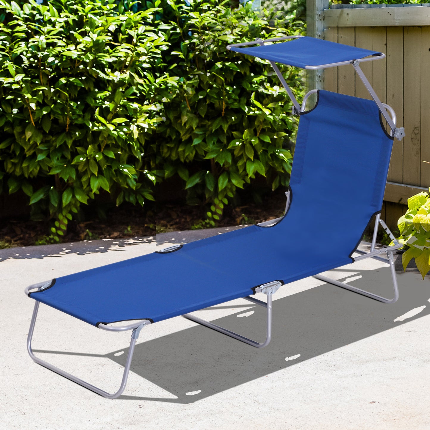 Outdoor Lounge Chair, Adjustable Folding Chaise Lounge, Tanning Chair with Sun Shade for Beach, Camping, Hiking, Backyard, Light Grey - Blue