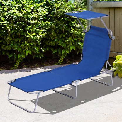Outdoor Lounge Chair, Adjustable Folding Chaise Lounge, Tanning Chair with Sun Shade for Beach, Camping, Hiking, Backyard, Light Grey - Blue