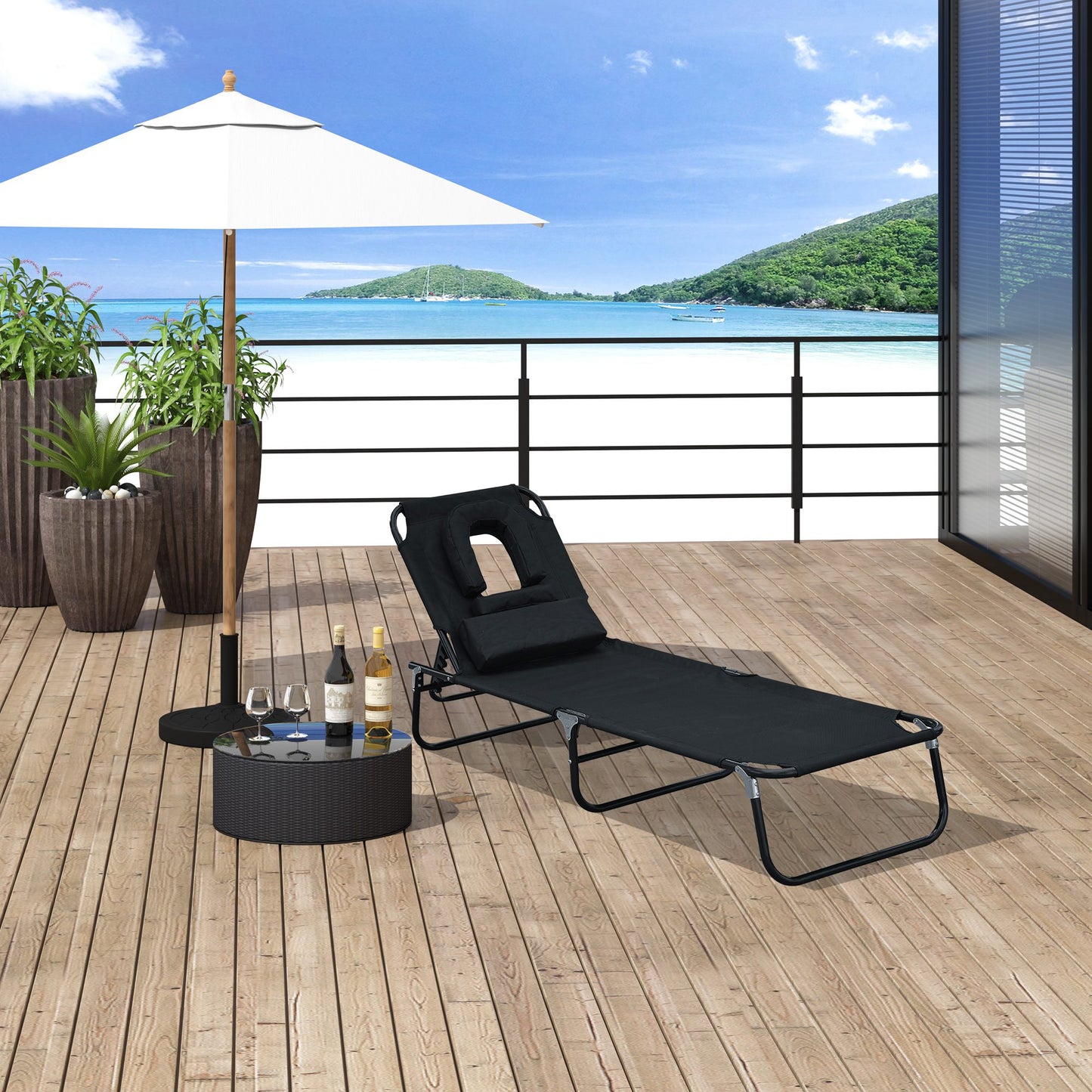 Folding Outdoor Lounge Chair, Portable Reclining Beach Lounger with Face Hole, Detachable Pillow, 4-Position Adjustable Backrest, For Patio, Garden, Poolside, Black