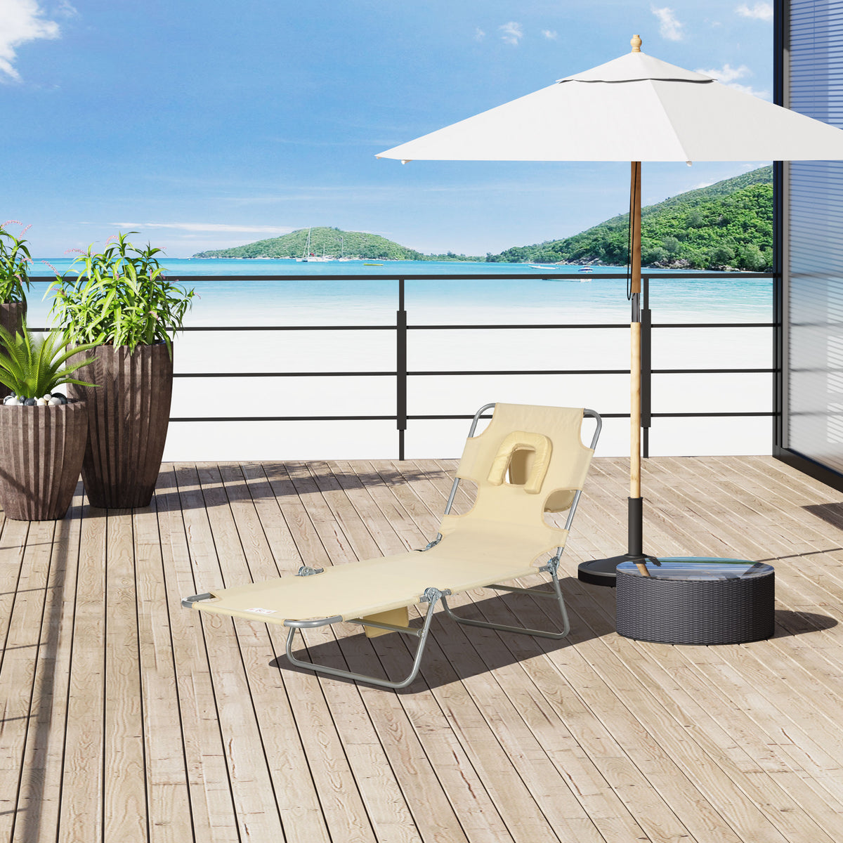 Folding Outdoor Lounge Chair, 5-Level Tanning Chair with Face Hole, Side Pocket, Carry Strap for Beach Pool, Beige