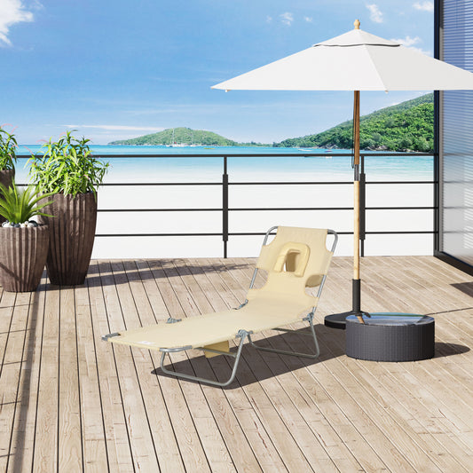 Folding Outdoor Lounge Chair, 5-Level Tanning Chair with Face Hole, Side Pocket, Carry Strap for Beach Pool, Beige - Beige