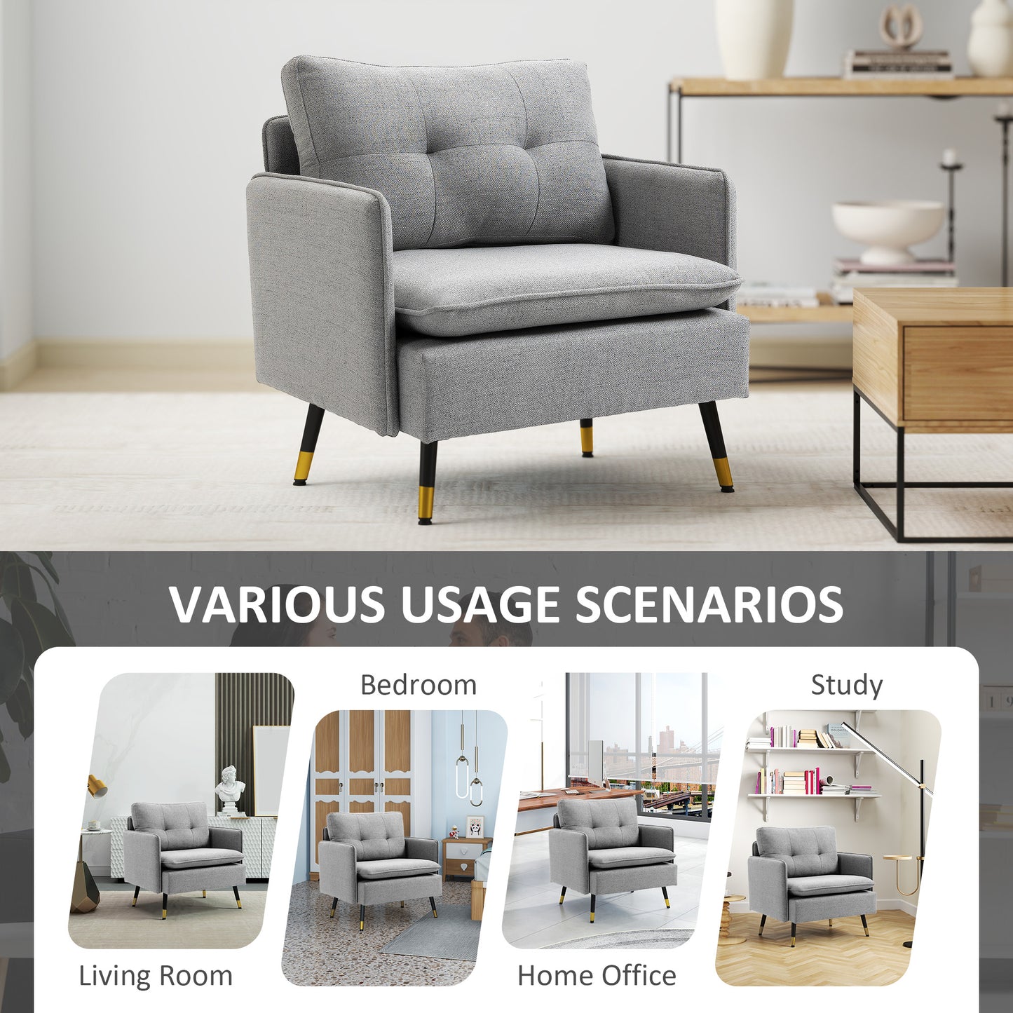 Accent Chair, Upholstered Armchair with Tufted Back Cushion and Steel Legs for Living Room, Bedroom, Grey