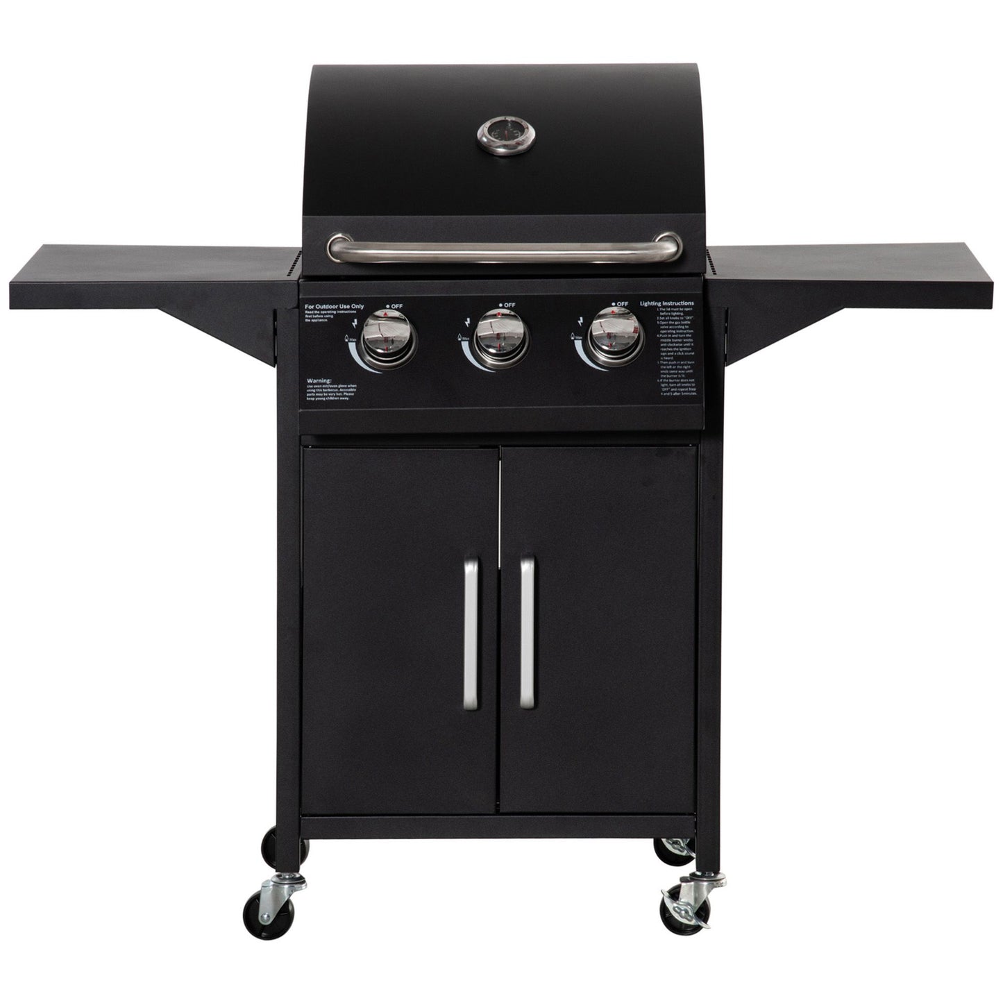 Outdoor 3 Burner Gas Grill Portable Barbecue w/ Wheels, Warming Rack, Shelves, Cabinet, Thermometer, Black