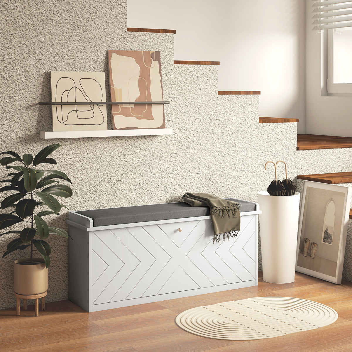 Shoe Storage with Seat, Upholstered Hallway Bench, Shoe Bench with Flip Drawer, Adjustable Shelf for 8-10 Pairs of Shoes
