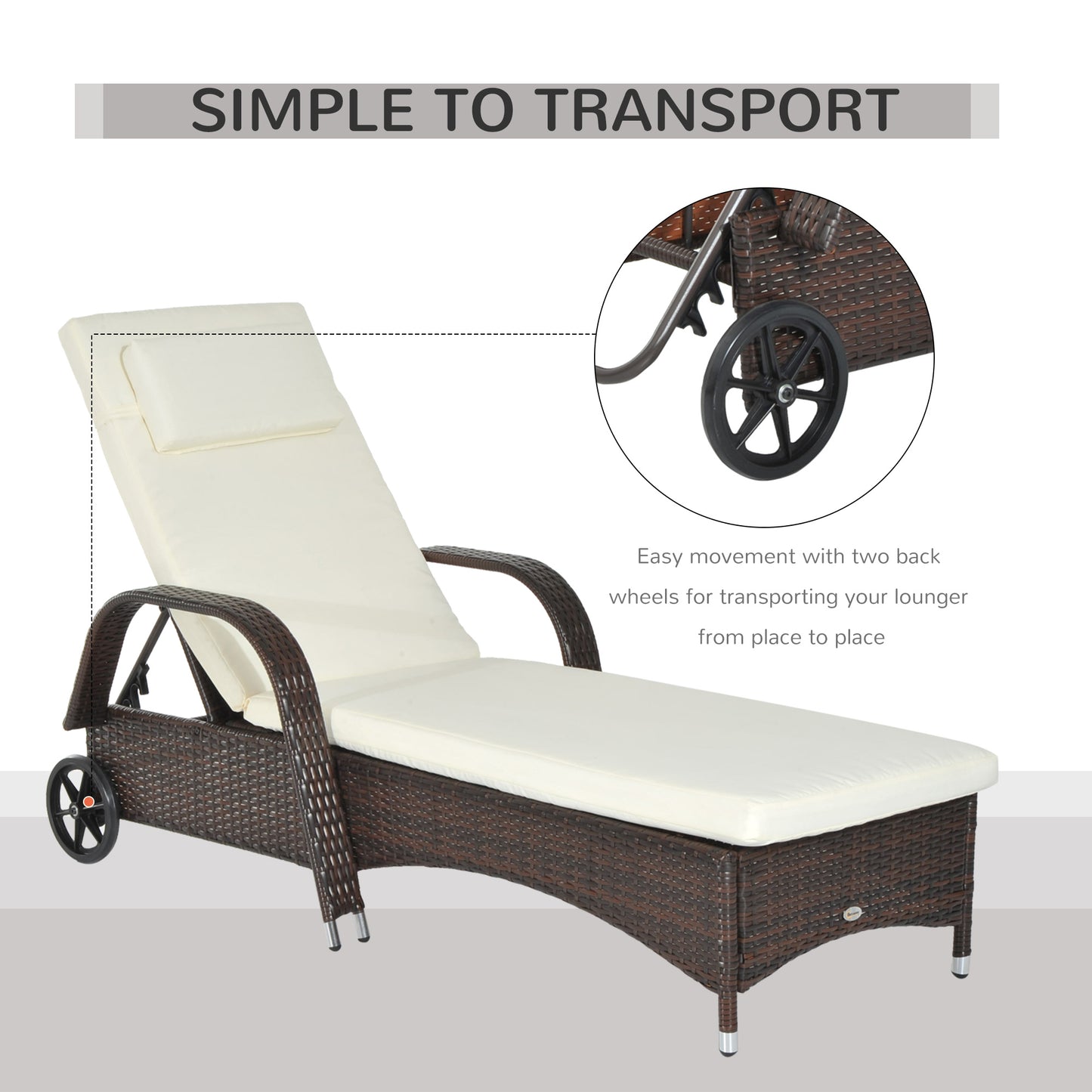 Wicker Chaise Lounge, Outdoor Lounge Chair, PE Rattan Patio Sun lounger with Head-rest, 5-Level Height Adjust Backrest, Cushion, & Wheels, Mixed Grey and Grey