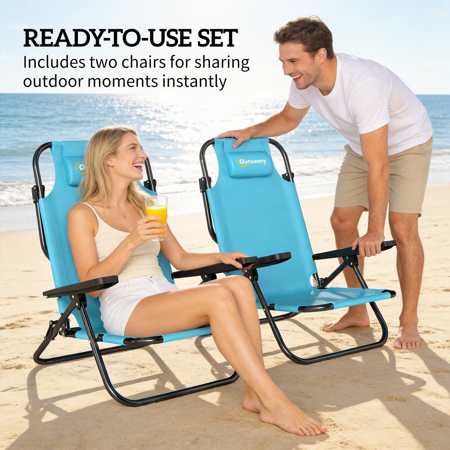 Set of 2 Beach Chair 5-Position Adjustable Folding Camping Chair with Headrest Armrests Light Blue