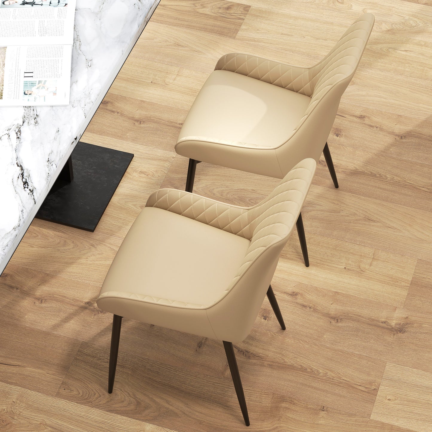 Upholstered Kitchen Chairs, Modern Dining Chairs Set of 2 with Diamond Tufting and Steel Legs for Dining Room, Khaki