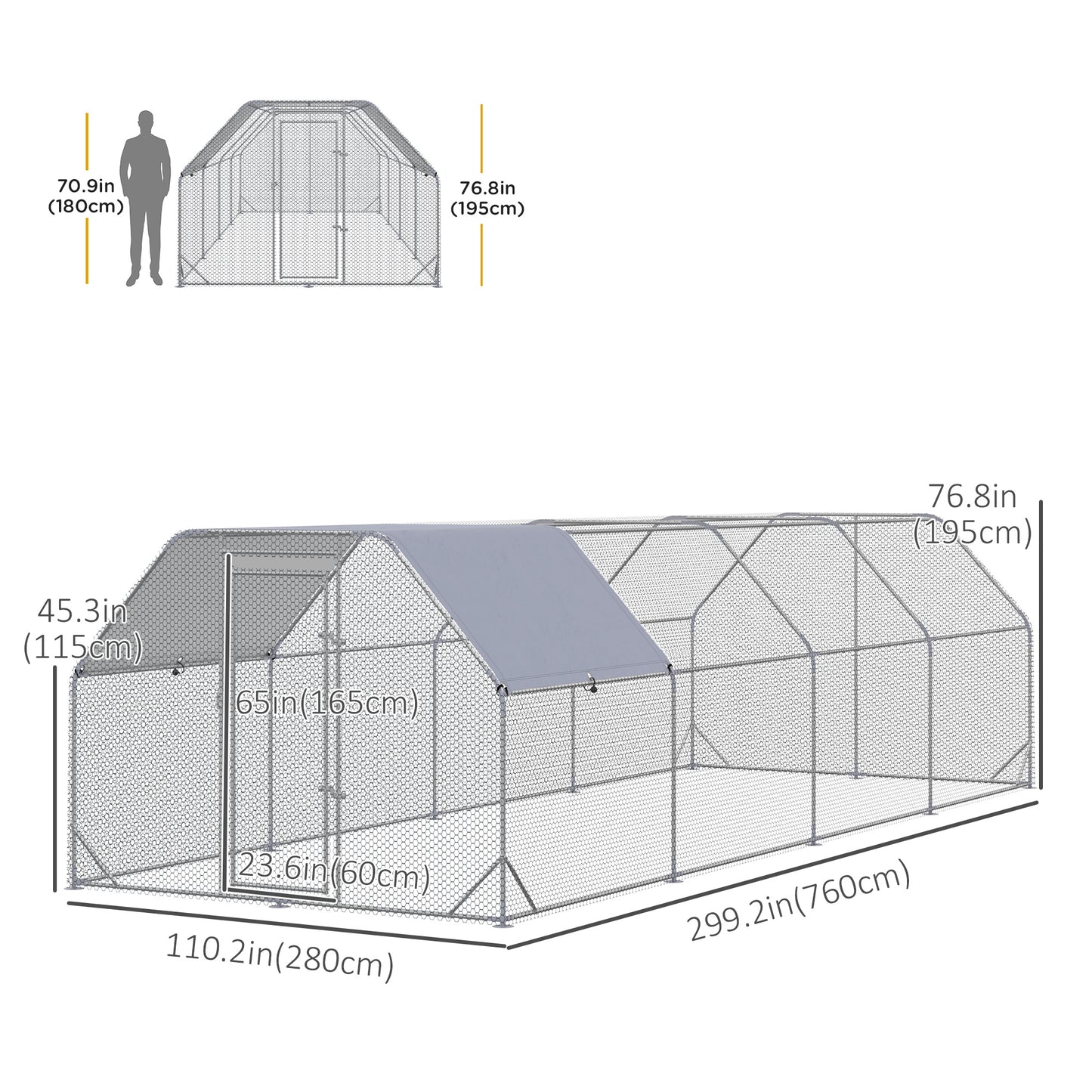 Chicken Run Outdoor, Galvanized Large Metal Chicken Coop Cage, Walk-in Enclosure Poultry Hen Run House Playpen Rabbit Hutch with Flat Roof, Cover