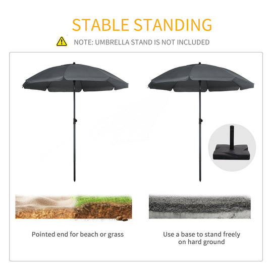 6ft Beach Umbrella, Outdoor Sun Shade Parasol with Push Button Tilt, Ruffled UV50+ Vented Canopy, Dark Grey