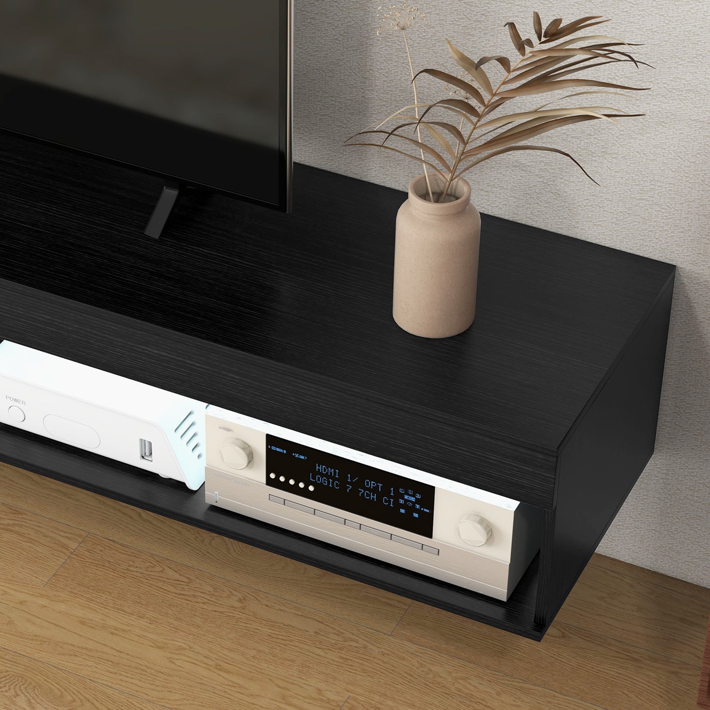 Modern Wall Mounted TV Stand with Storage and LED Lights for TVs up to 75", Floating TV Shelf for Living Room, Black