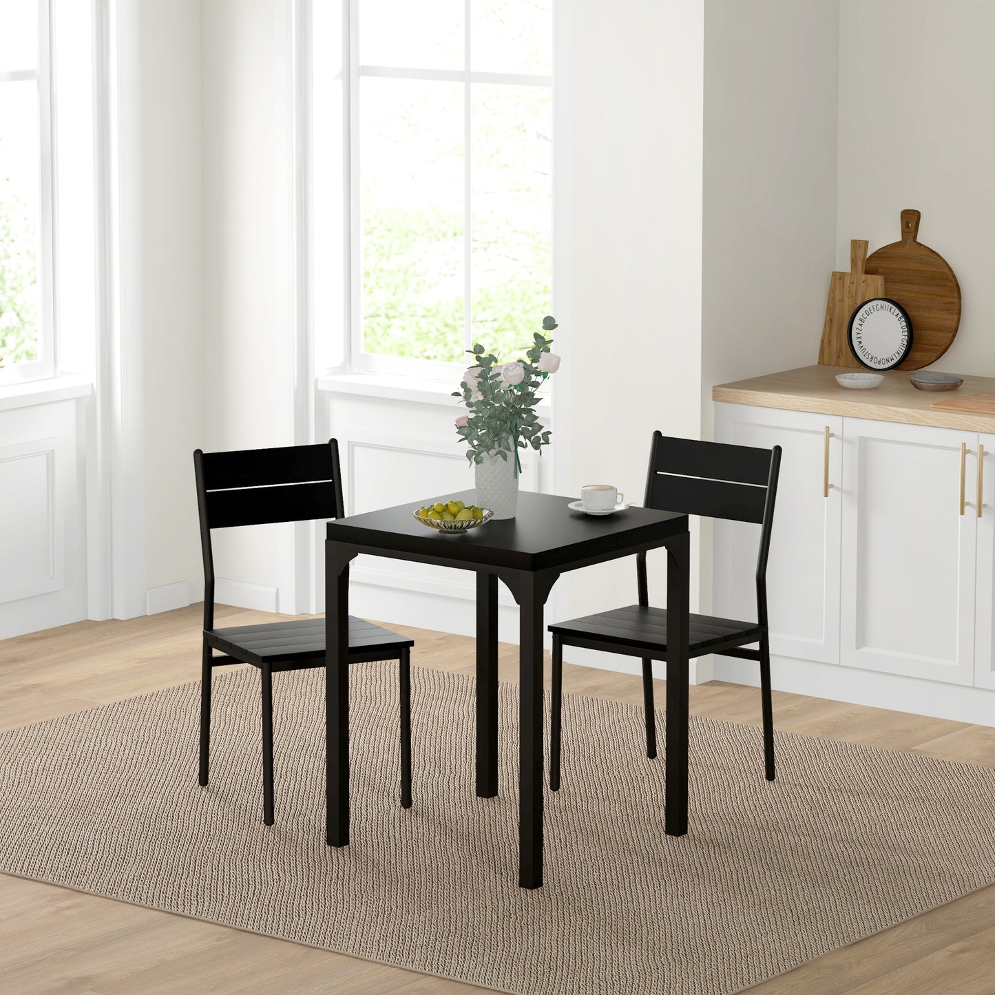 Dining Table Set for 2, 3 Piece Kitchen Table and Chairs with Metal Legs for Small Spaces, Black