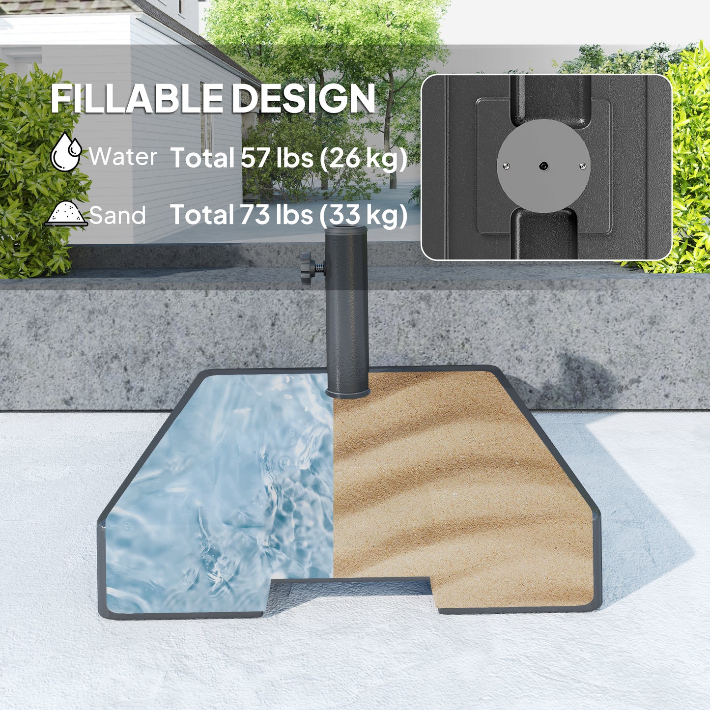 Plastic Square Patio Umbrella Base with Wheels Handle, Heavy Duty Outdoor Umbrella Stand Base, Filled Up to 73lb with Stand or 57lb with Water for Garden, Poolside, Black