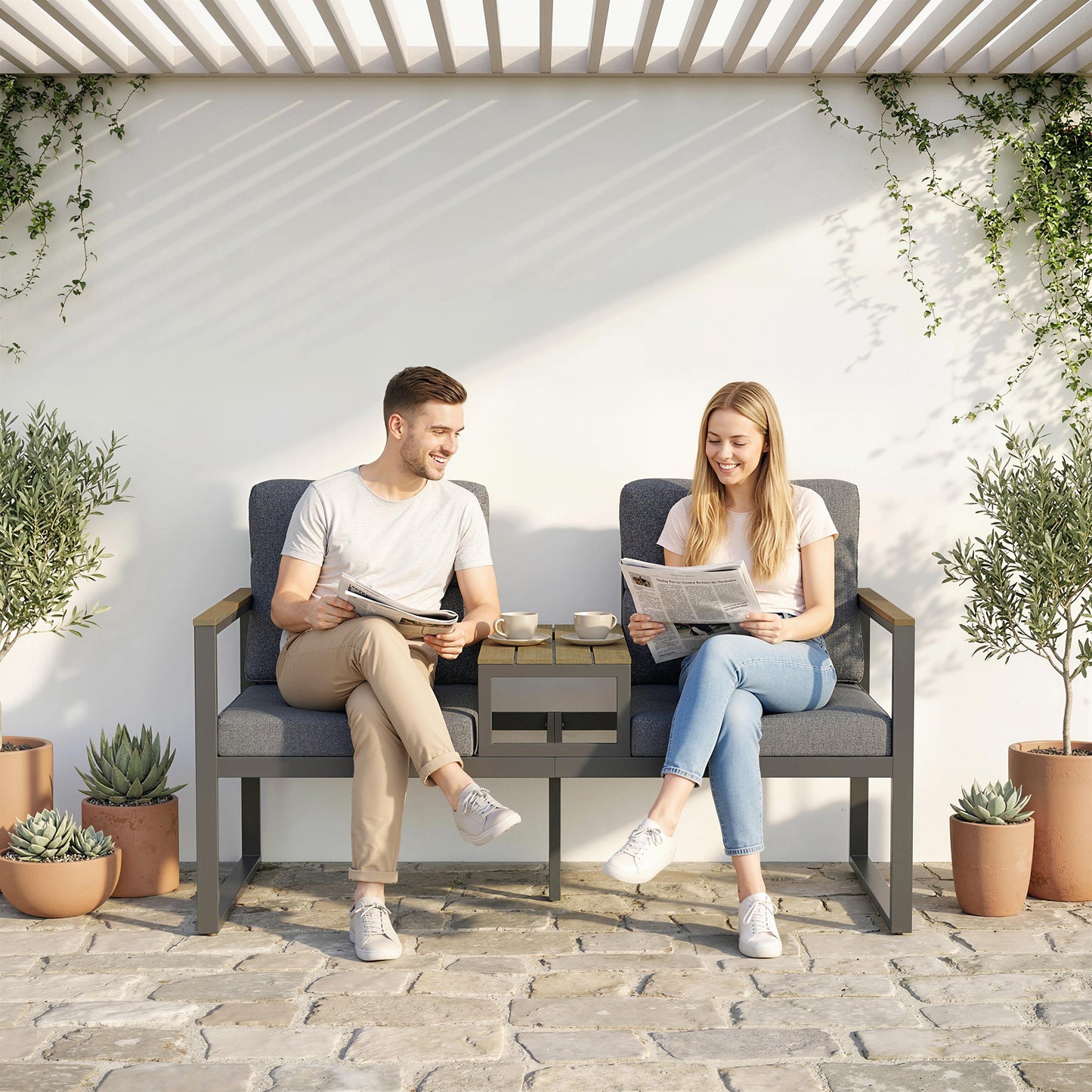 Outdoor Garden Bench with Integrated Table, 2 Seater Patio Loveseat with Thick Cushions, 136 cm Grey