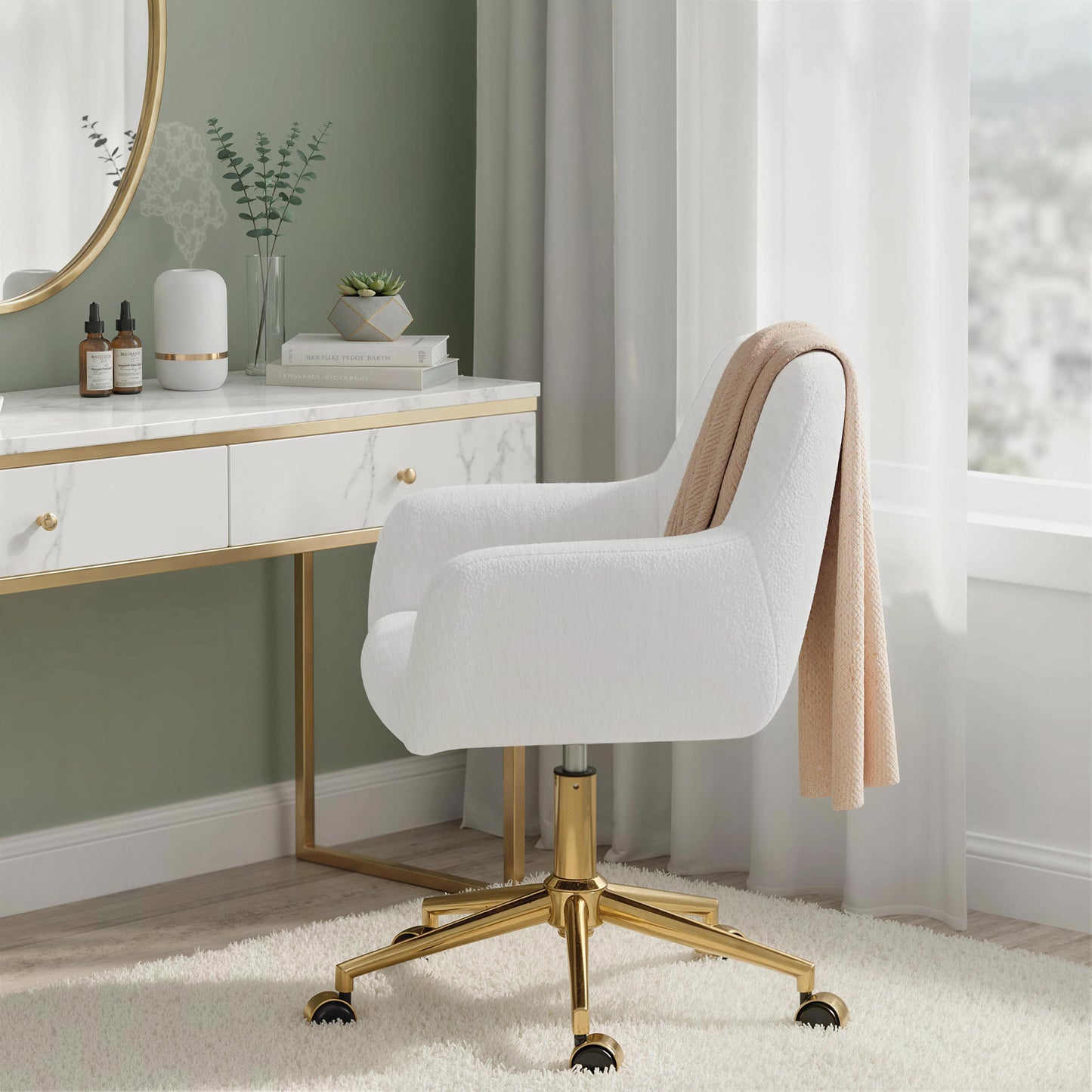 Office Chair, Faux Rabbit Fur Upholstered Vanity Desk Chair, Cream White