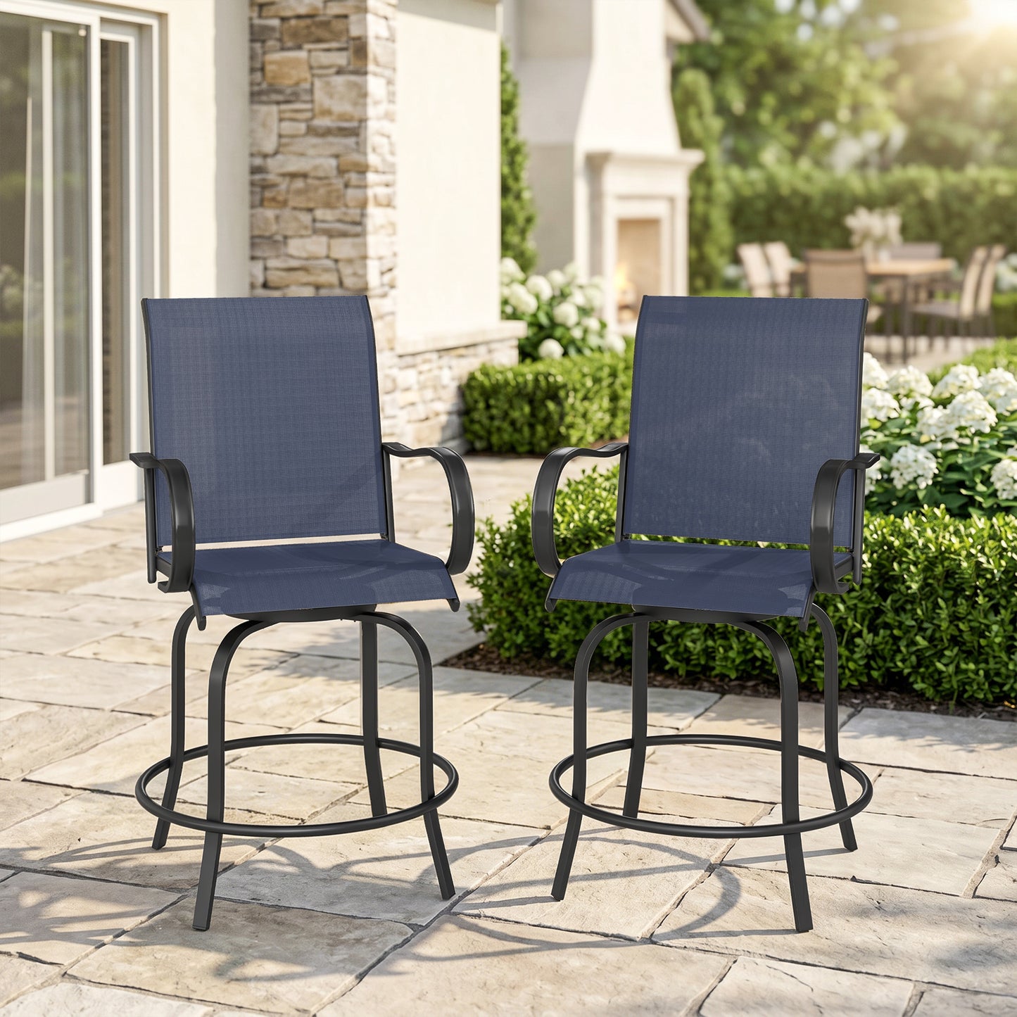 Outdoor Bar Stools Set of 2, 360° Swivel Bar Height Chairs, 26.8" x 29.5" x 48.4", Tan