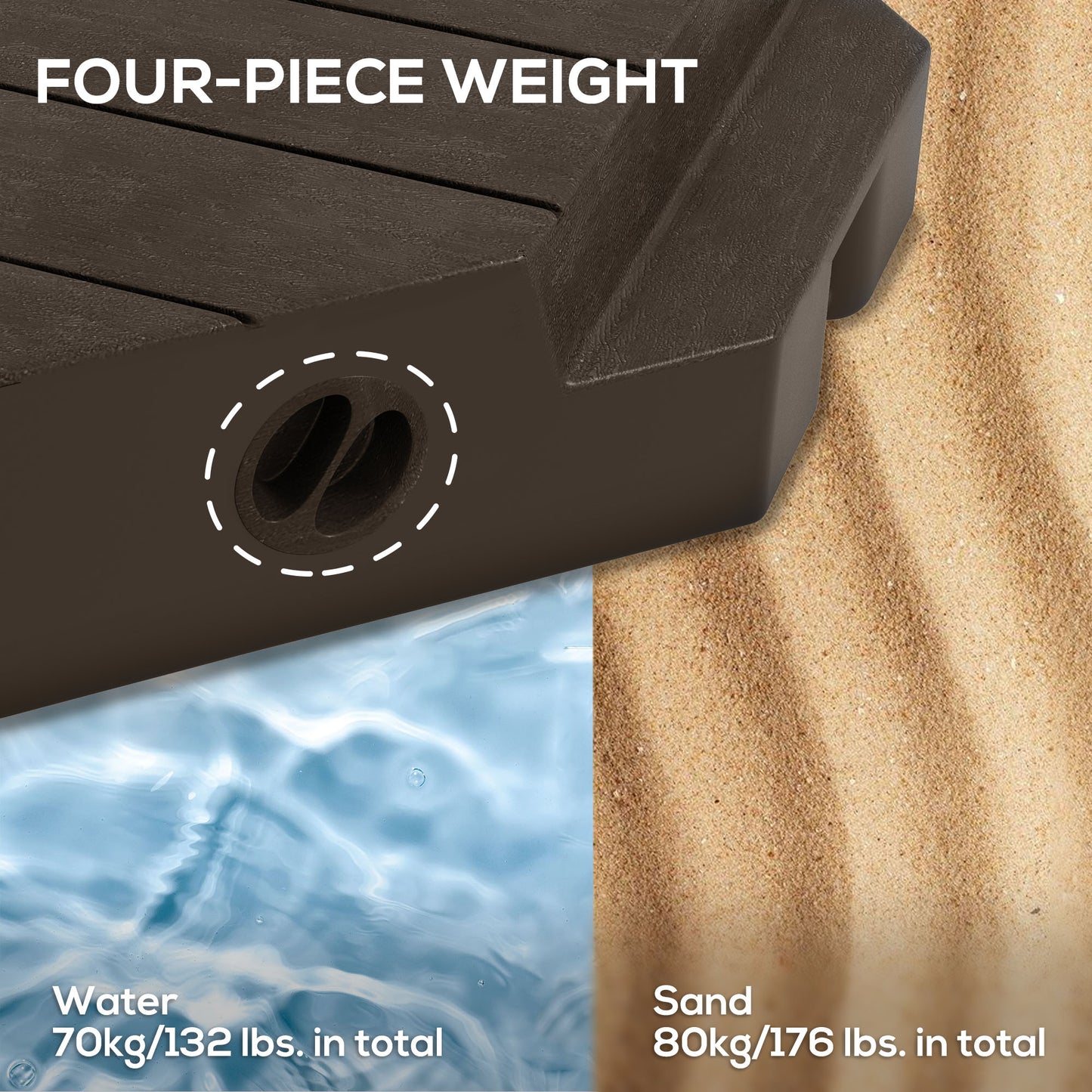 Offset Umbrella Base Outdoor Umbrella Weights, 132 lb. Capacity Water or 176 lb. Capacity Sand, Brown