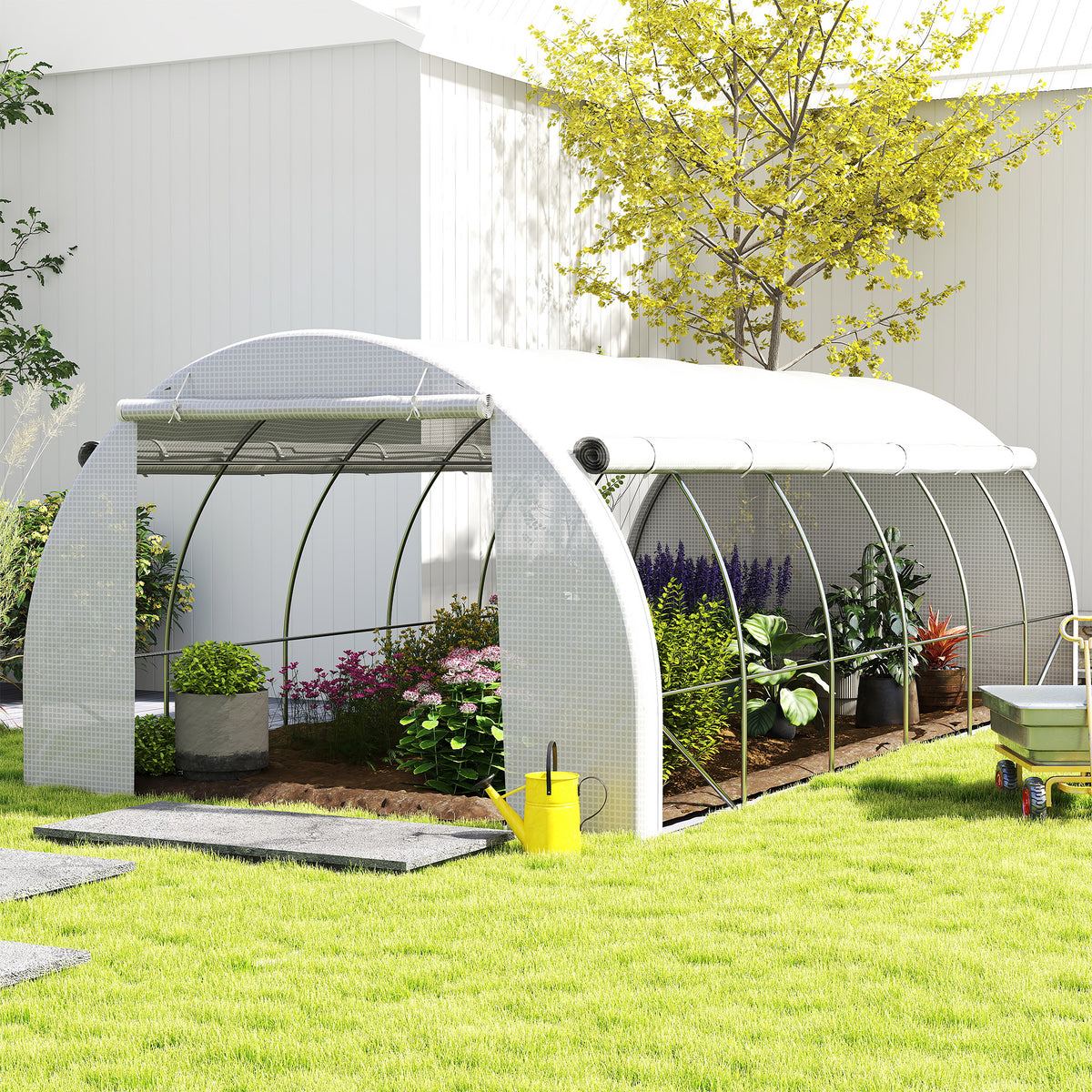 20'x10'x6.6' Tunnel Greenhouse with UV-Resistant Cover, Zippered Door and 12 Roll-up Windows, Outdoor Green House for Garden Plant, White
