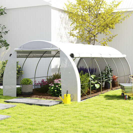 20'x10'x6.6' Tunnel Greenhouse with UV-Resistant Cover, Zippered Door and 12 Roll-up Windows, Outdoor Green House for Garden Plant, White