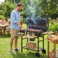 Charcoal BBQ Grill with Foldable Shelves, Barbecue Grill with Warming Rack, Thermometer, Wheels, Natural Wood and Black