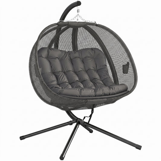 Double Egg Chair with Stand, 2 Person Hanging Swing Egg Chair with Cushion, Pockets, Grey