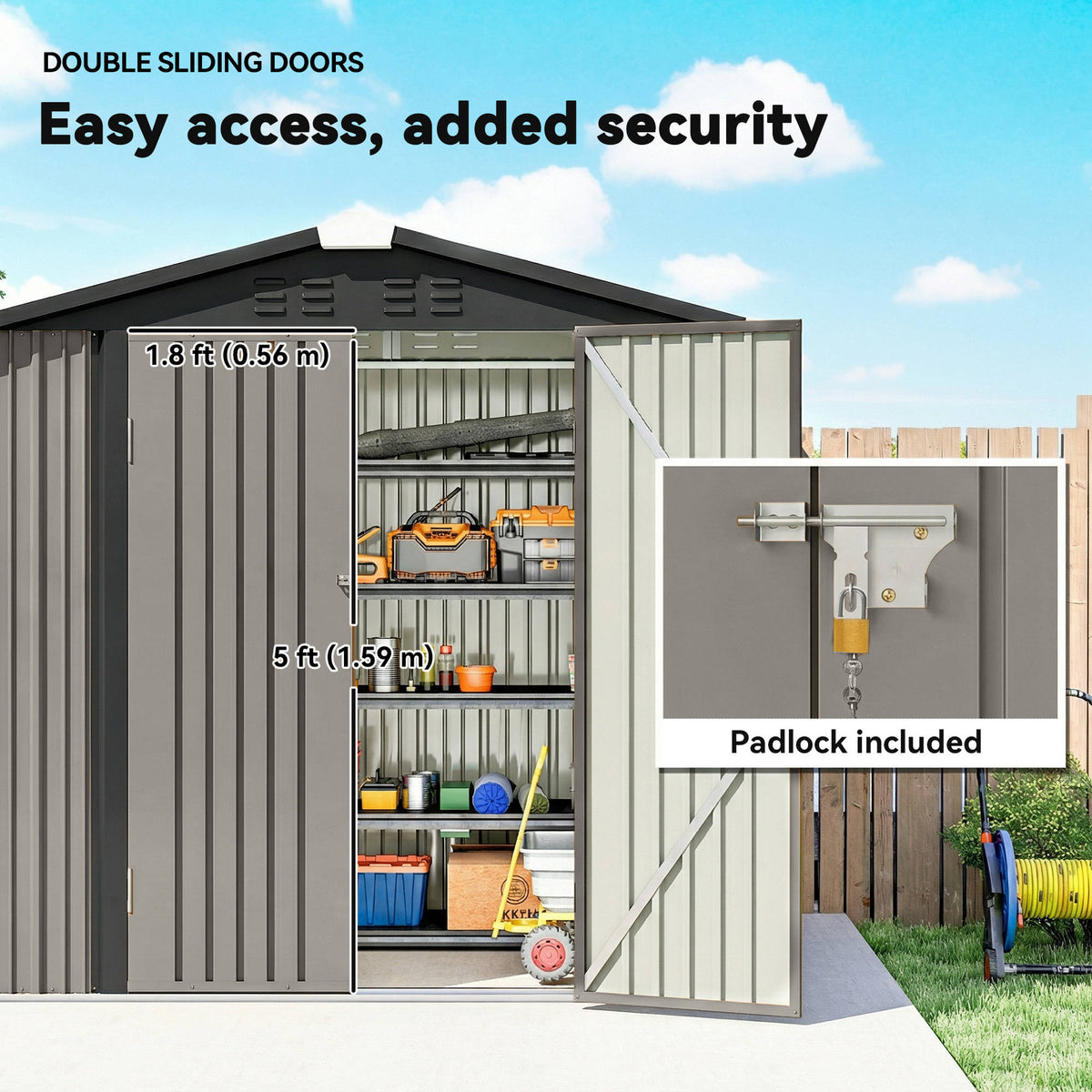 6.5' x 4' Metal Garden Shed with Lockable Doors - Light Grey