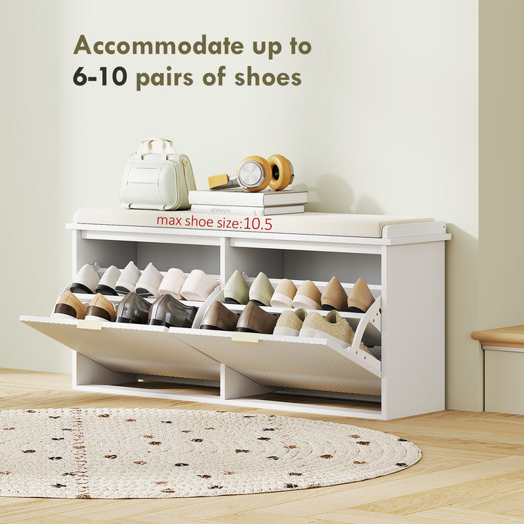 Entryway Shoe Storage Bench with Flip-Drawers - White