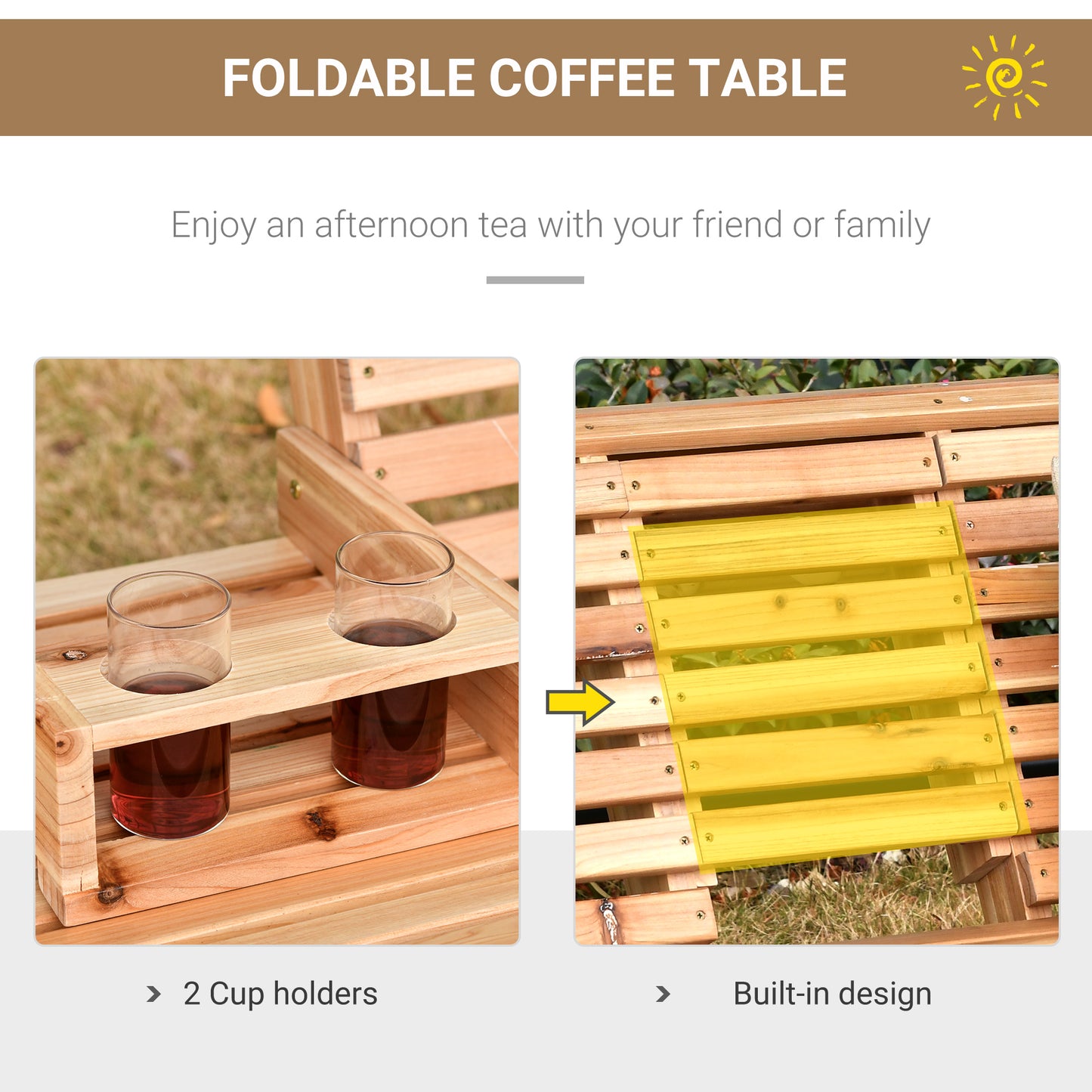 3 Seater Patio Swing Chair Wood Porch Swing with Foldable Table, Cup Holders, Steel Chains for Garden, Yard, Natural
