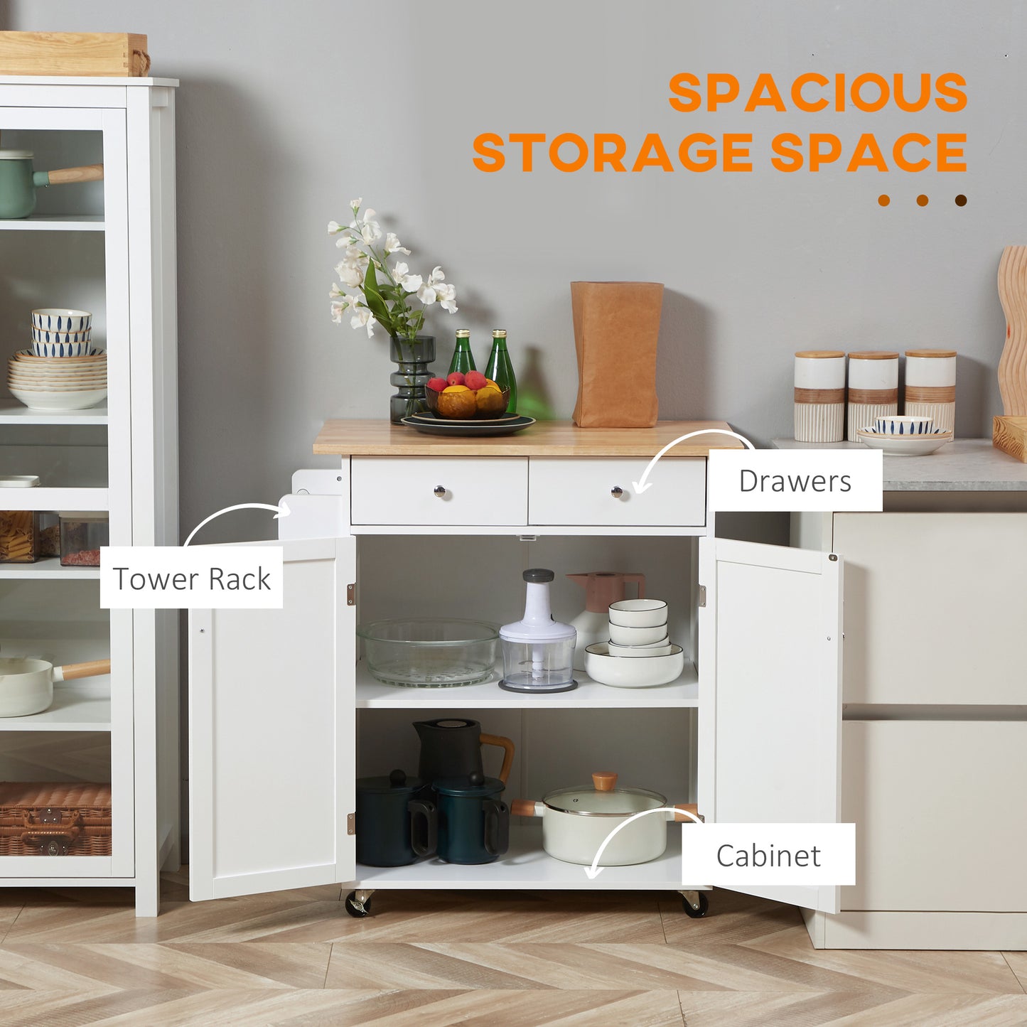 Rolling Kitchen Island with Storage, Kitchen Cart with Rubber Wood Top, Adjustable Shelf, Towel Rack, Hooks and Storage Drawers, White