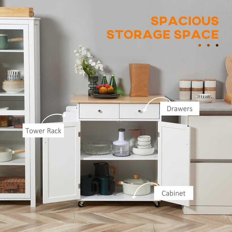 Rolling Kitchen Island with Wood Top and Drawers - White
