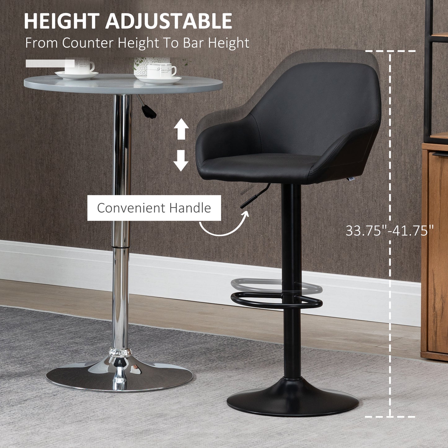 Adjustable Bar Stools Set of 2, Swivel Barstools with Footrest and Back, PU Leather and Steel Round Base, Black