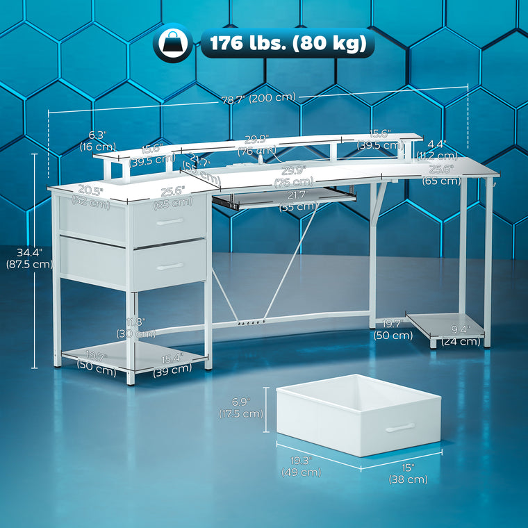 79" RGB Gaming Desk with Power Outlets and Drawers - White