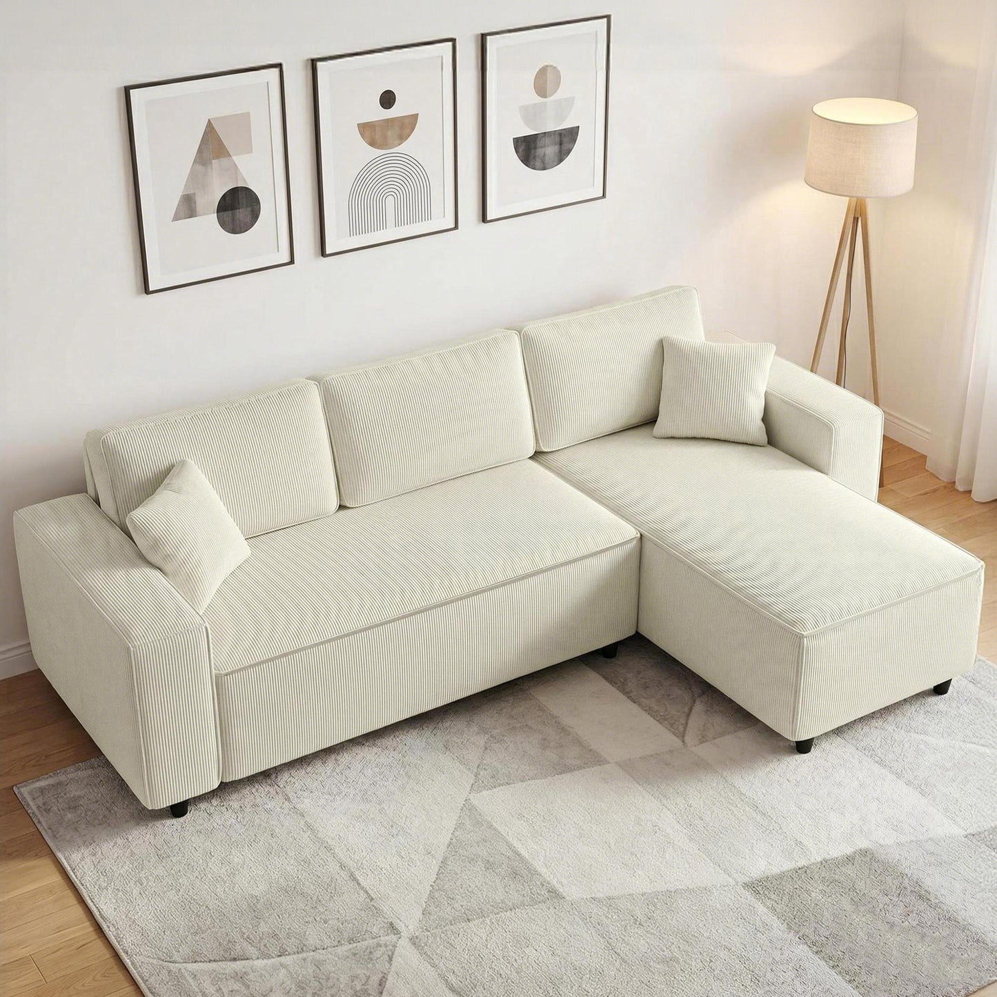 Corduroy L-Shape Corner Sectional Sofa - Cream White