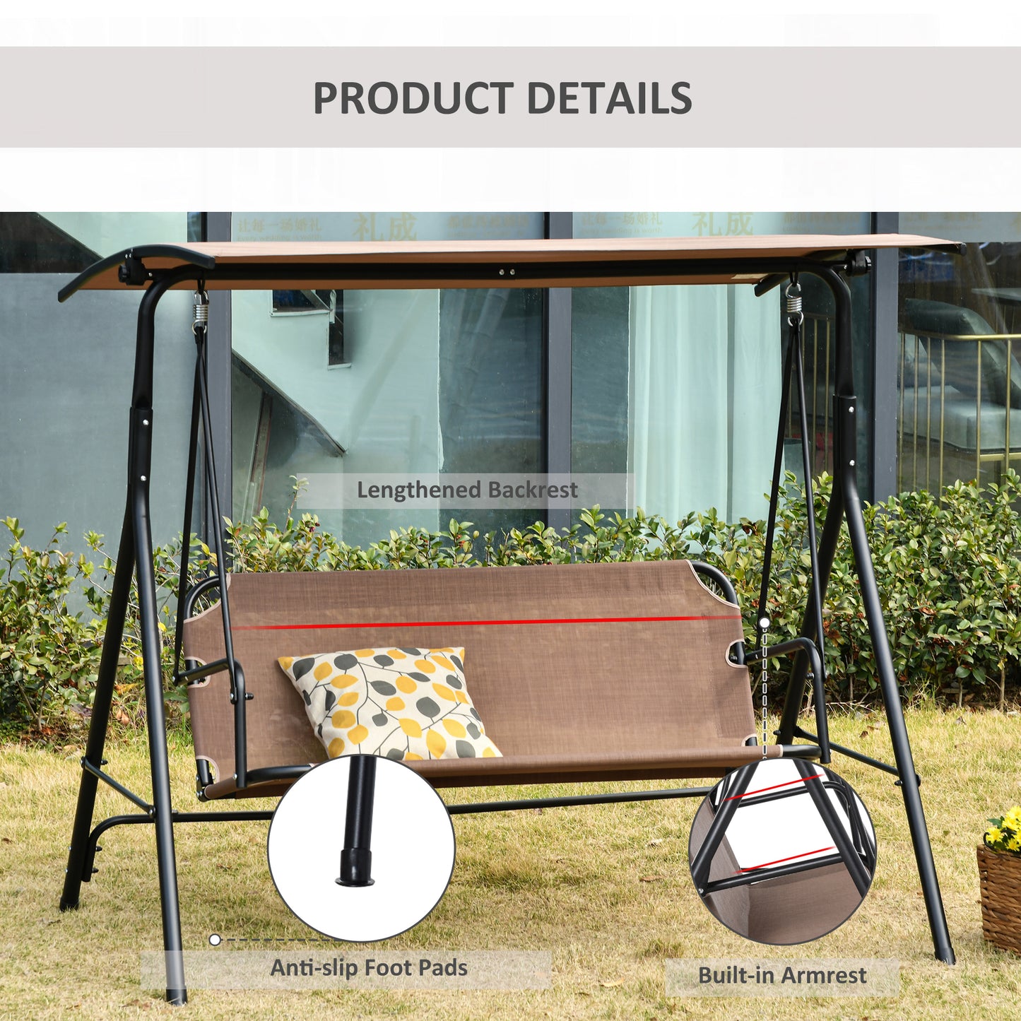 2-Person Porch Swing Chair, 2 Seater Patio Swing Bench w/ Adjustable Canopy, Breathable Seat for Garden, Poolside, Black